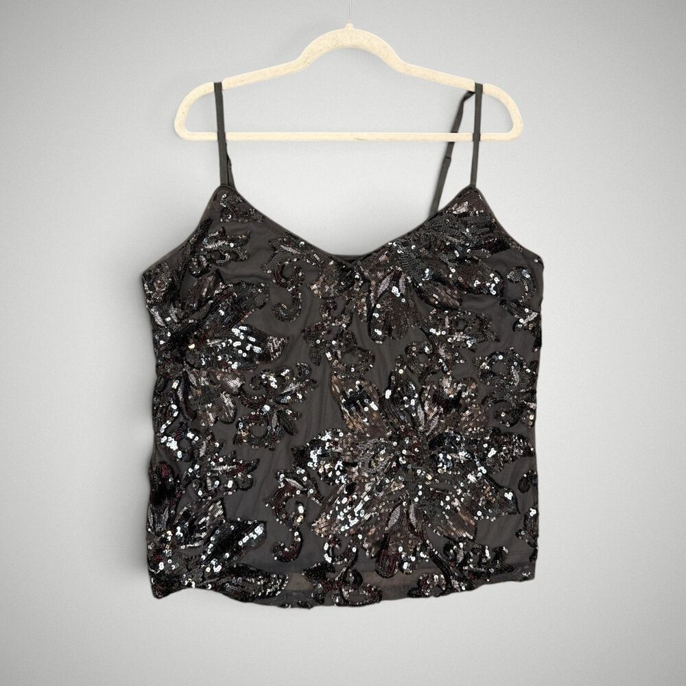 WHBM White House Black Market Sequin Floral Cami Tank Top Gray Silver Size XL